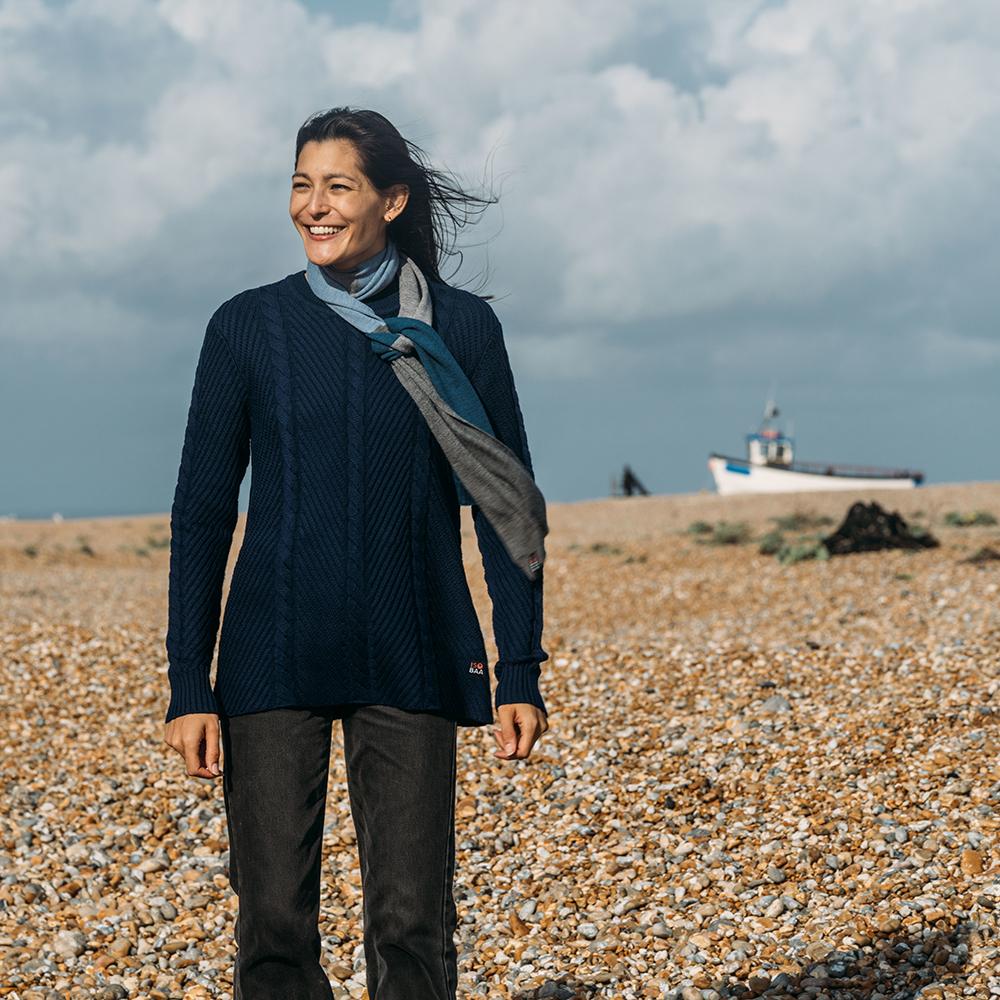 Isobaa | Womens Merino Cable Sweater (Navy) | Experience timeless style and outdoor-ready performance with our Merino wool crew neck sweater. | Model: Jessica