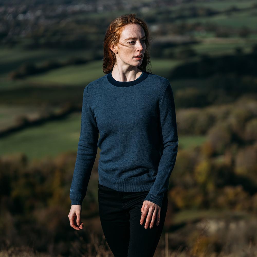 Isobaa | Womens Merino Honeycomb Sweater (Denim/Navy) | The perfect blend of function and elegance in our extrafine 12-gauge Merino wool crew neck sweater. | Model: Sophie