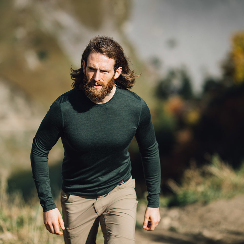 Isobaa | Mens Merino 180 Long Sleeve Crew (Forest) | Get outdoors with the ultimate Merino wool long-sleeve top. | Model: Craig