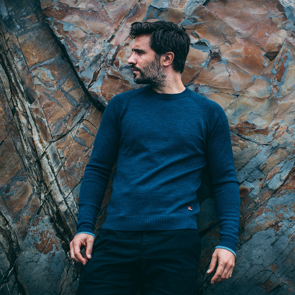 Isobaa | Mens Merino Crew Sweater (Petrol/Sky) | Everyday warmth and comfort with our superfine 12-gauge Merino wool crew neck sweater. | Model: Duncan