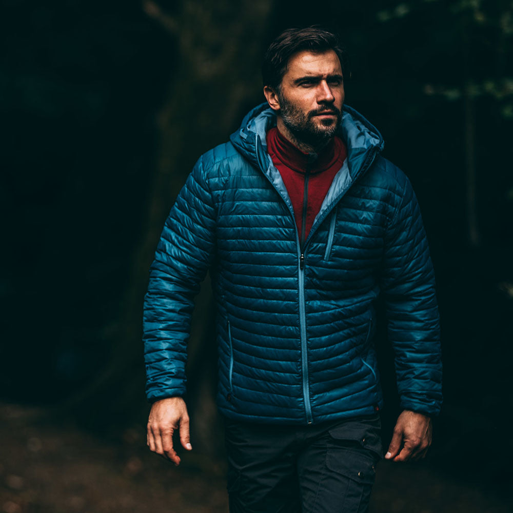 Isobaa | Mens Merino Wool Insulated Jacket (Petrol/Sky) | Innovative and sustainable design with our Merino jacket. | Model: Duncan