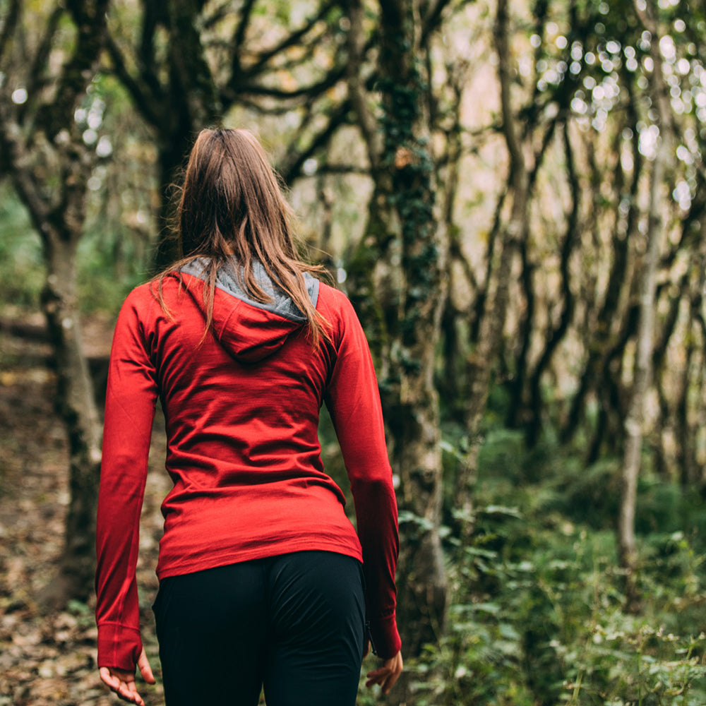 Isobaa | Womens Merino 200 Zip Neck Hoodie (Red) | The ultimate 200gm Merino wool hoodie. | Model: Jess