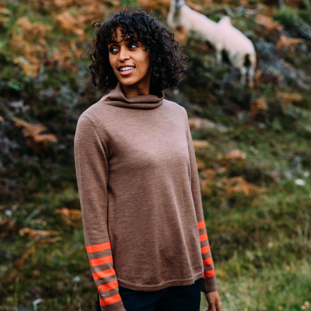 Isobaa | Womens Merino Roll Neck Sweater (Bran/Orange) | Discover premium style and performance with Isobaa's extra-fine Merino roll neck sweater. | Model: Micah
